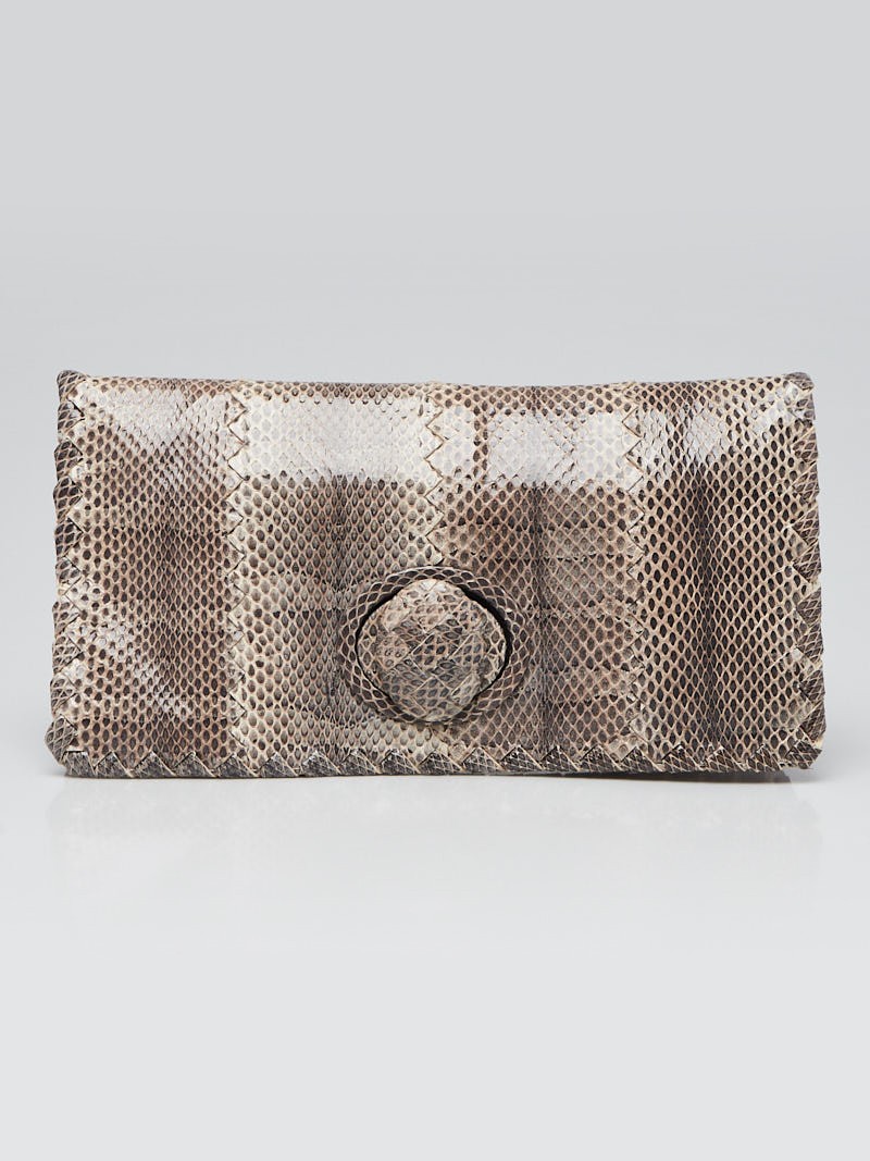 Bottega Veneta Grey Snakeskin Turnlock Clutch Bag