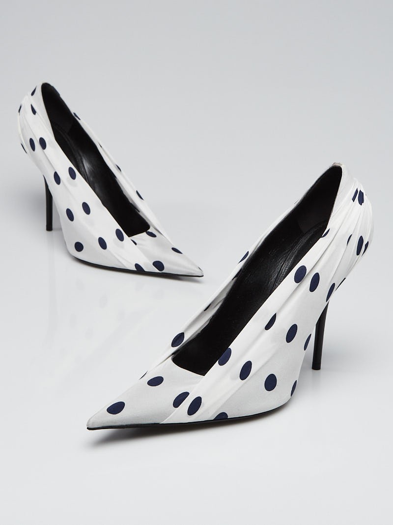 Balenciaga White Blue Polka Dot Satin Leather Pointed Toe Knife Pumps Size 10.5 41