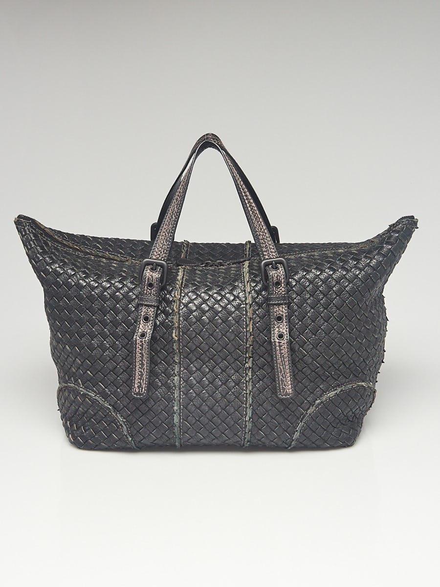 Bottega Veneta Black Intrecciato Woven Vivo Cervo Leather Satchel Bag