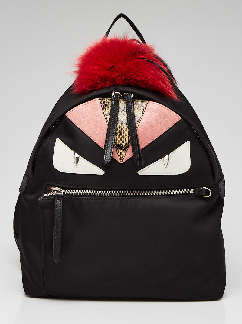 Fendi Black Nylon Leather Snakeskin Medium Monster Eyes Backpack Bag - 8BZ035