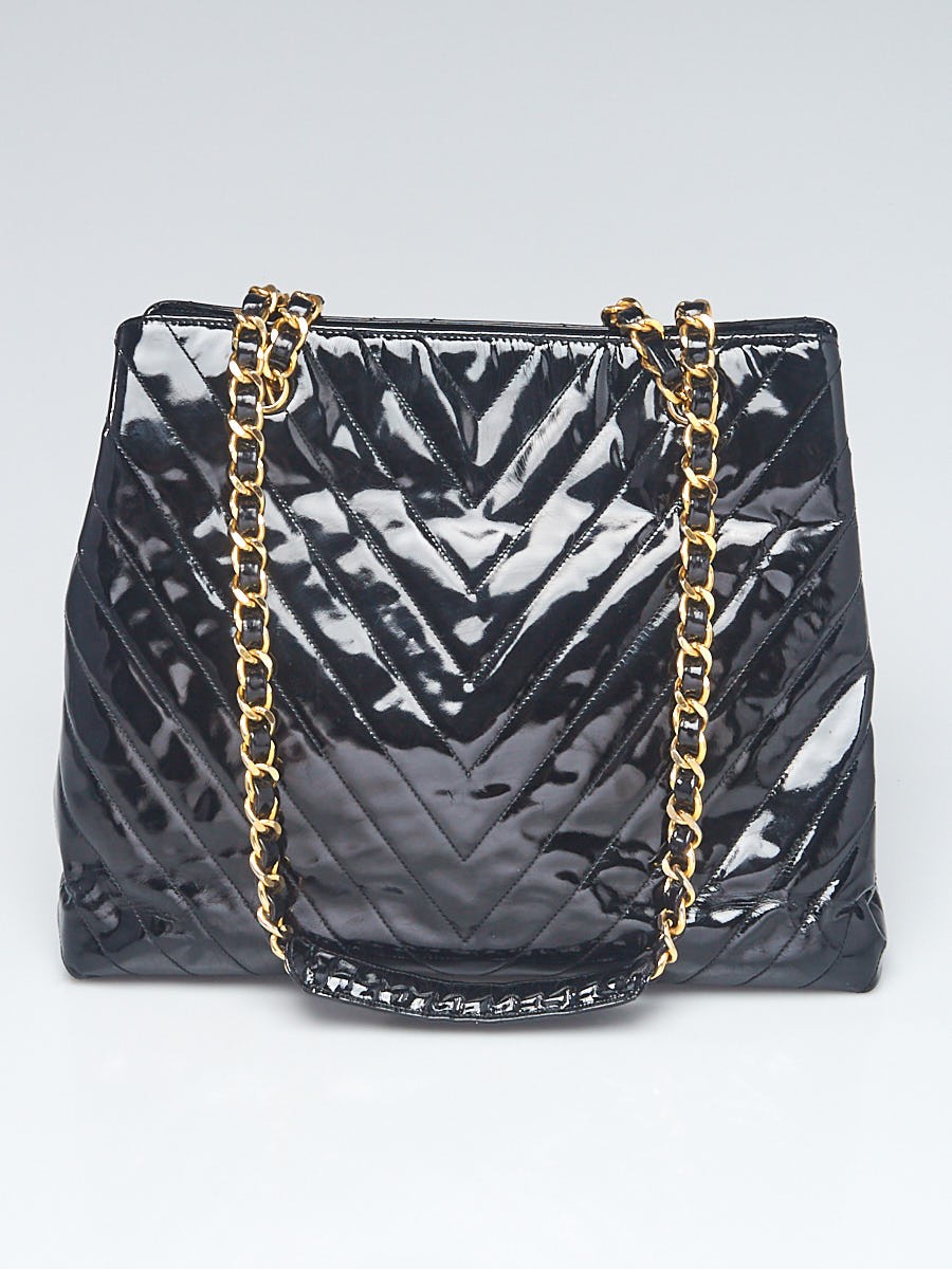 Chanel Black Chevron Quilted Patent Leather Shopping Tote Bag