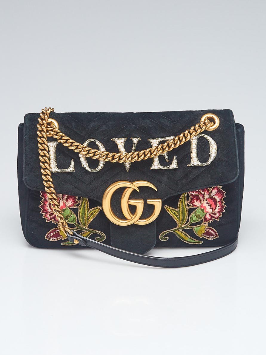 Gucci Black Velvet Embroidered Medium Marmont Bag