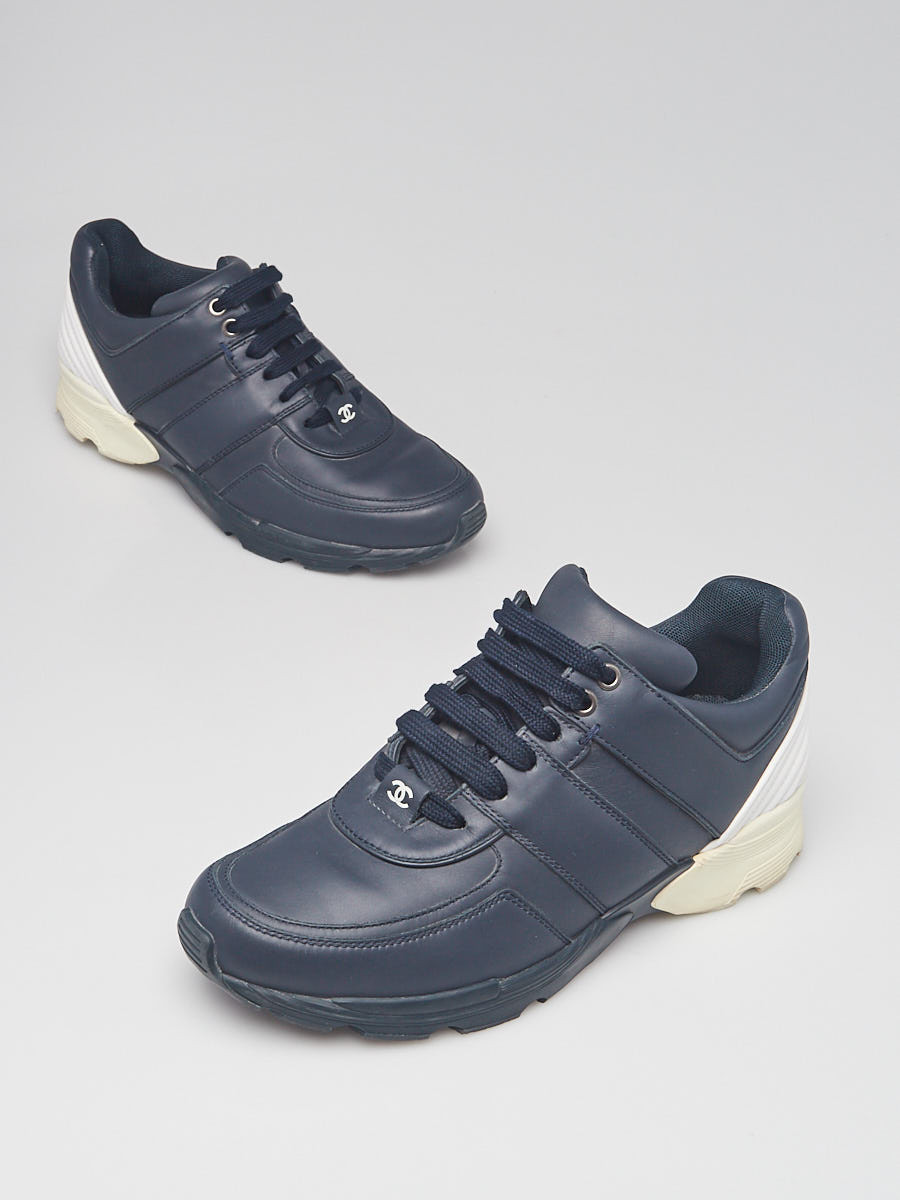 Chanel Navy Blue White Leather REV Sneakers Size 8 38.5