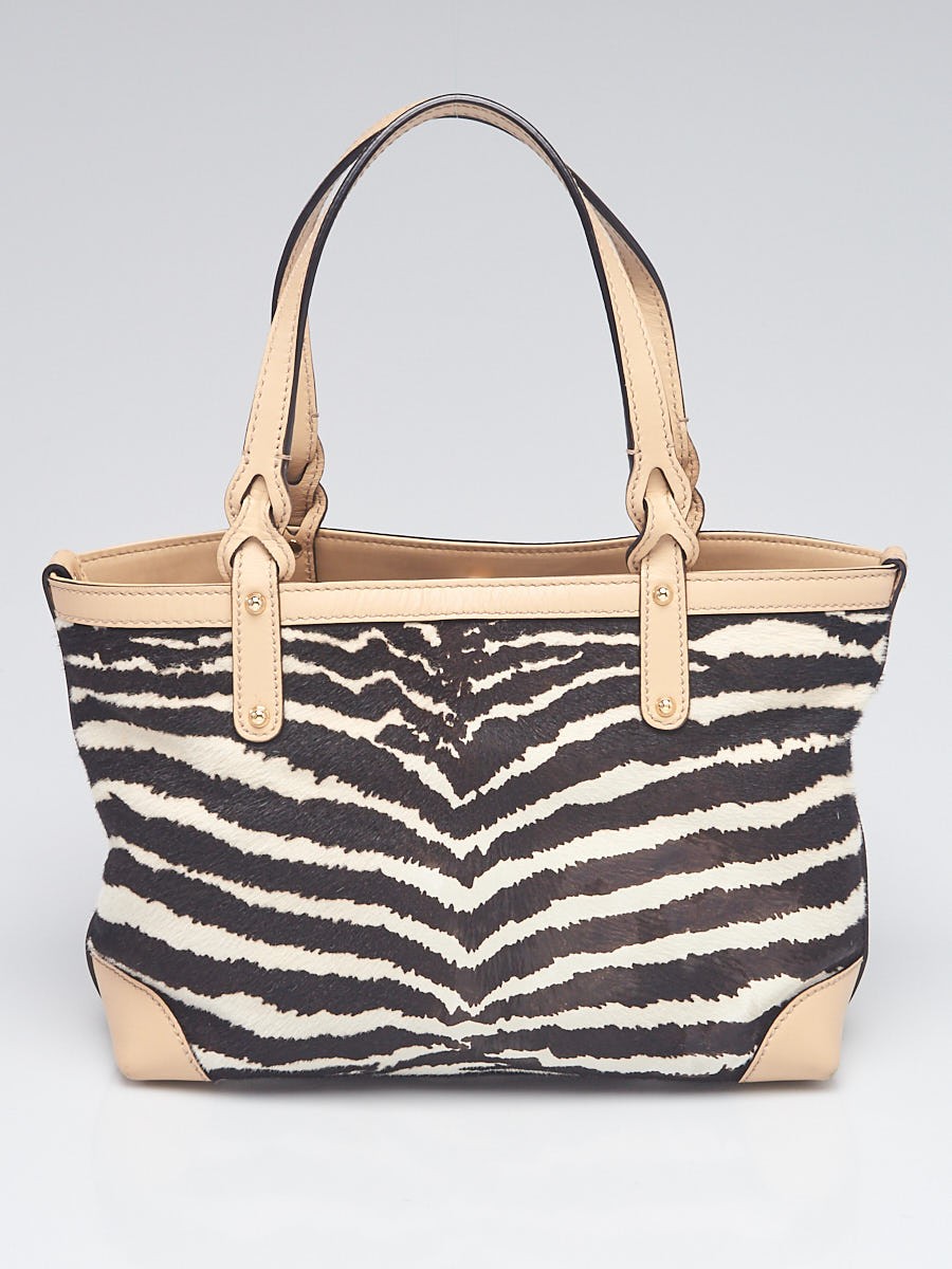 Gucci Black Beige Zebra Printed Calf Hair Leather Craft Small Tote Bag