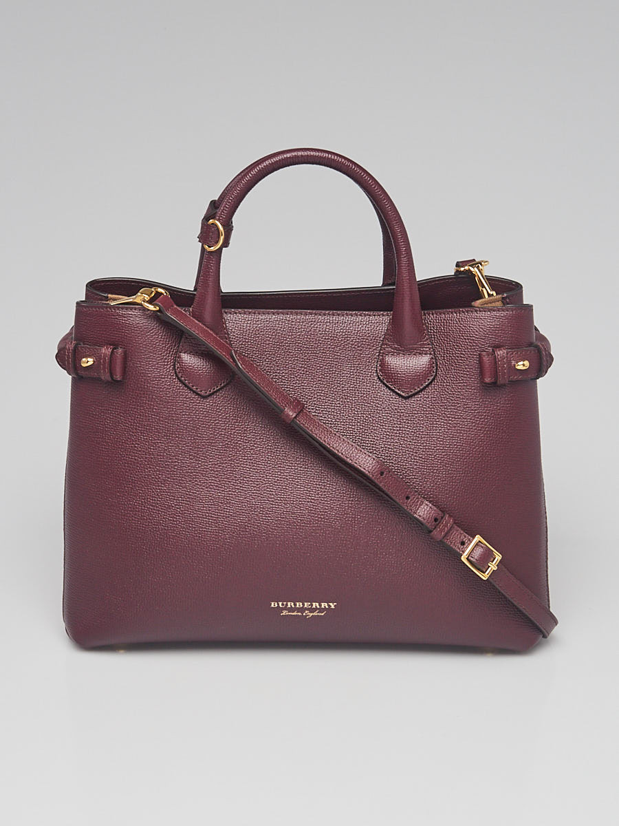 Burberry Burgundy Pebbled Leather House Check Medium Banner Tote Bag