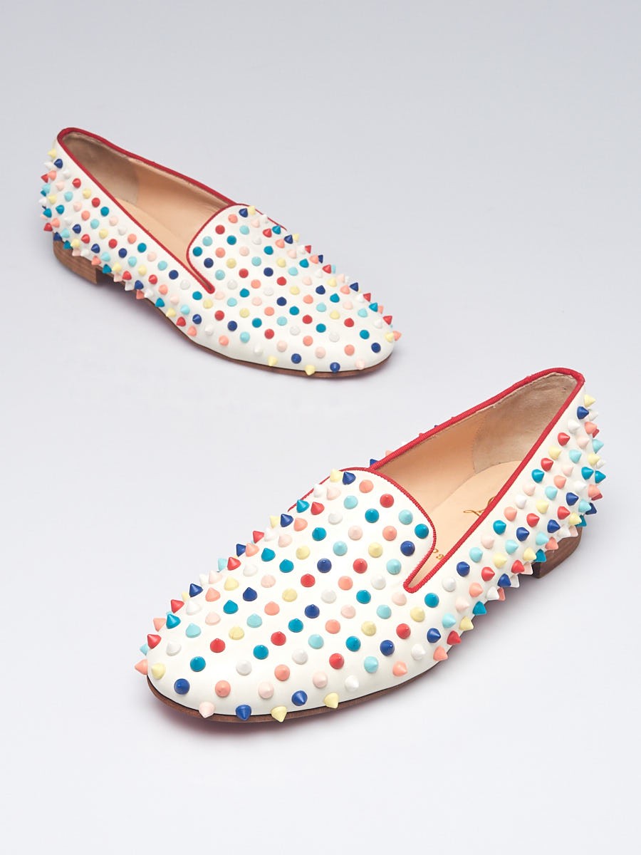 Christian Louboutin White Leather Multicolor Rolling Spikes Flat Loafers Size 10.5 41