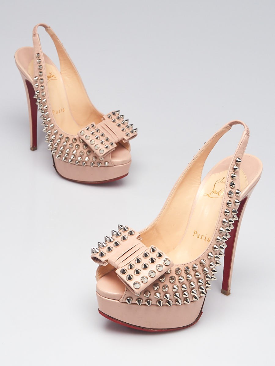 Christian Louboutin Light Beige Leather Clou Noeud Spikes 150 Slingback Pumps Size 4.5 35