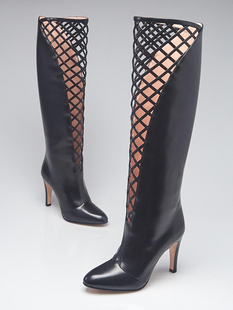 Gucci Black Leather Lattice Knee-High Boots Size 6.5 37