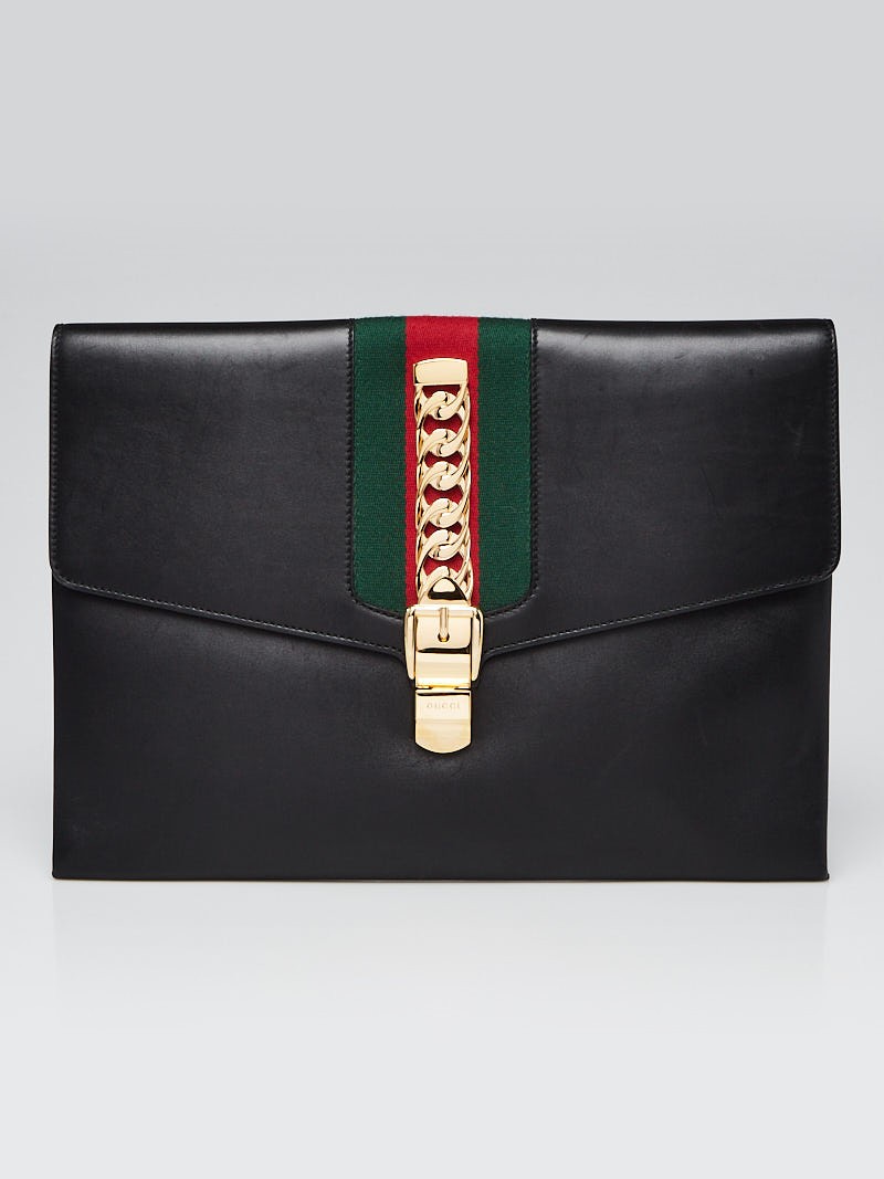 Gucci Black Leather Vintage Web Sylvie Maxi Clutch Bag
