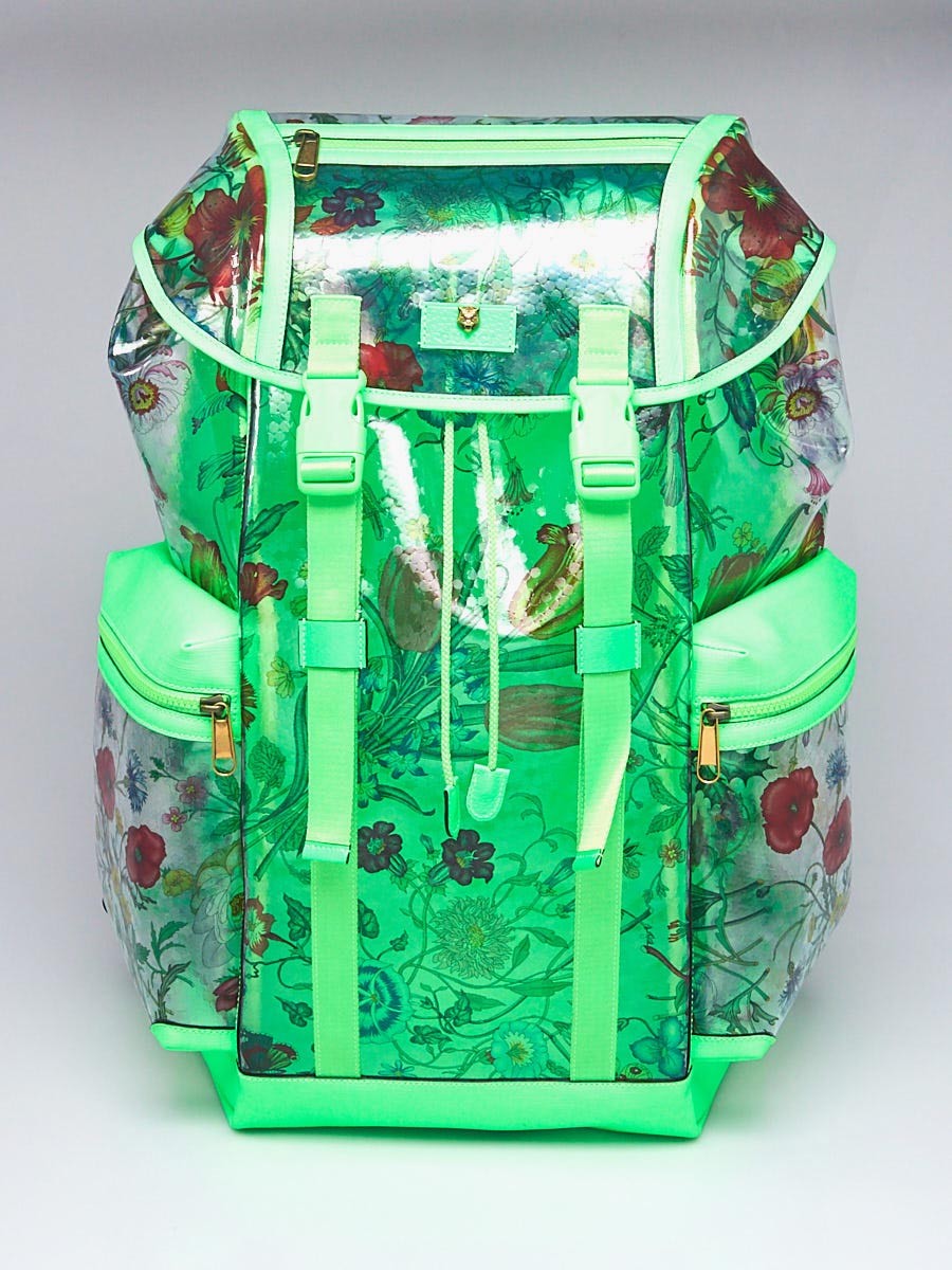 Gucci Green Leather Clear PVC Floral Print XL Backpack Bag