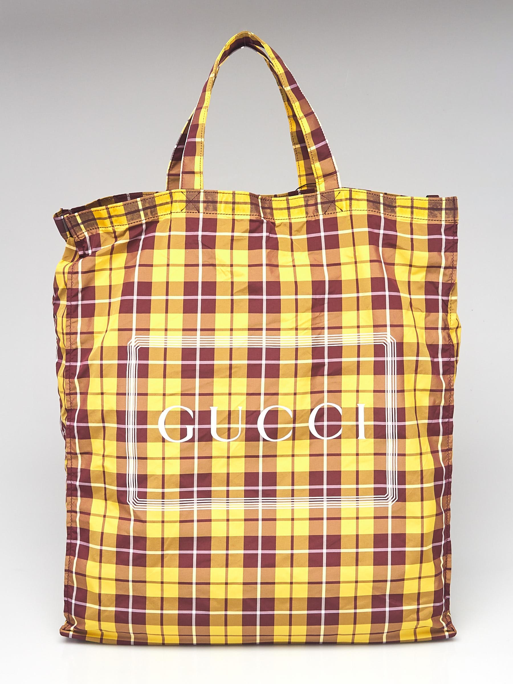 Gucci Yellow Burgundy Nylon Medium Check Montecarlo Tote Bag