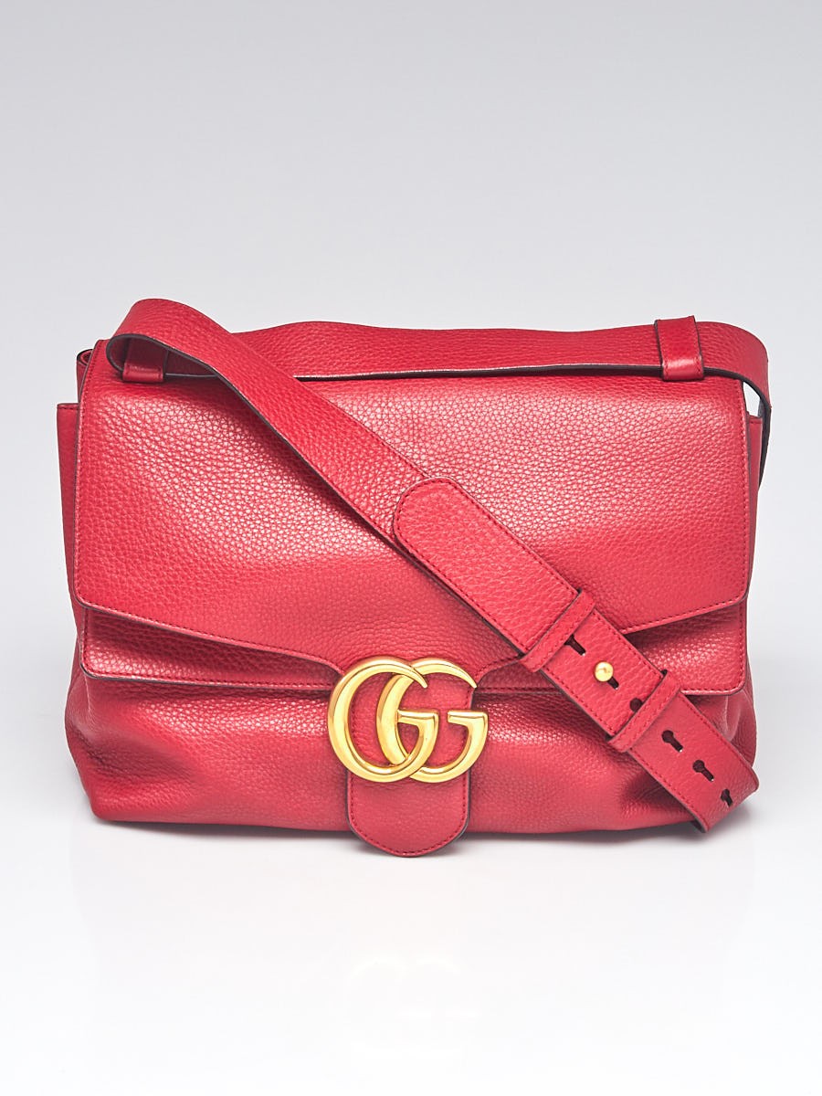 Gucci Red  Pebbled Leather Marmont Large Shoulder Bag