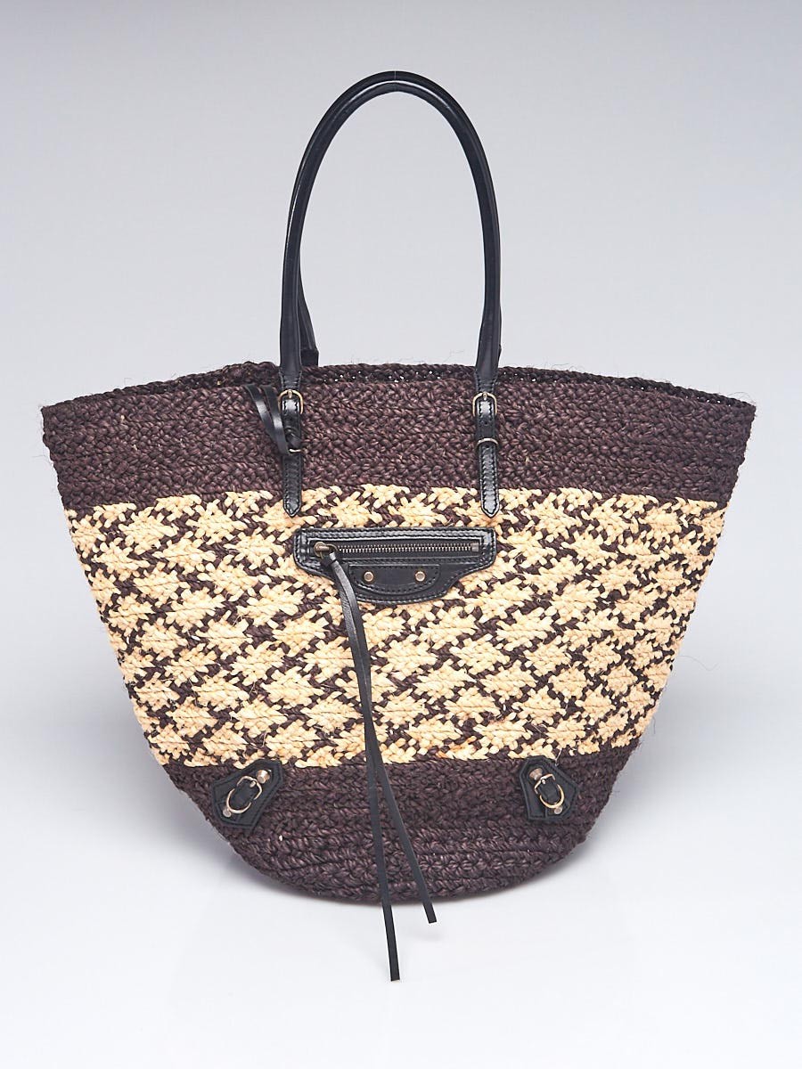 Balenciaga Dark Brown Woven Raffia Arena Small Tote Bag