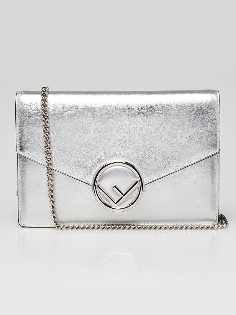 Fendi Silver Leather Wallet On Chain Clutch Bag 8BS006