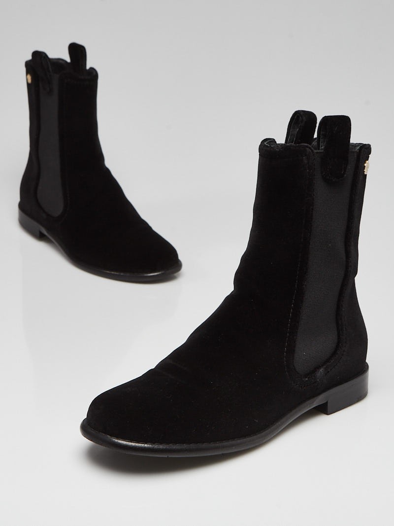 Chanel Black Velvet Camellia Elastic Ankle Boots Size 6.5 37