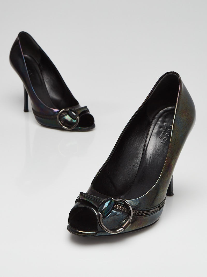 Gucci Black Iridescent Patent Leather Horsebit Peep Toe Pumps Size 6.5 37