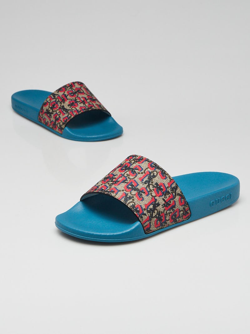 Gucci Beige Red GG Coated Canvas and Rubber Slide Sandals Size 3.5 34