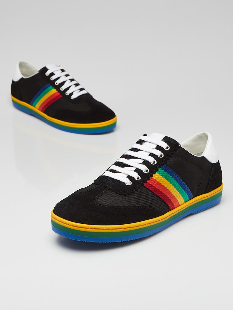 Gucci Black Suede Canvas Rainbow Stripe G74 Sneaker Size 4.5 35