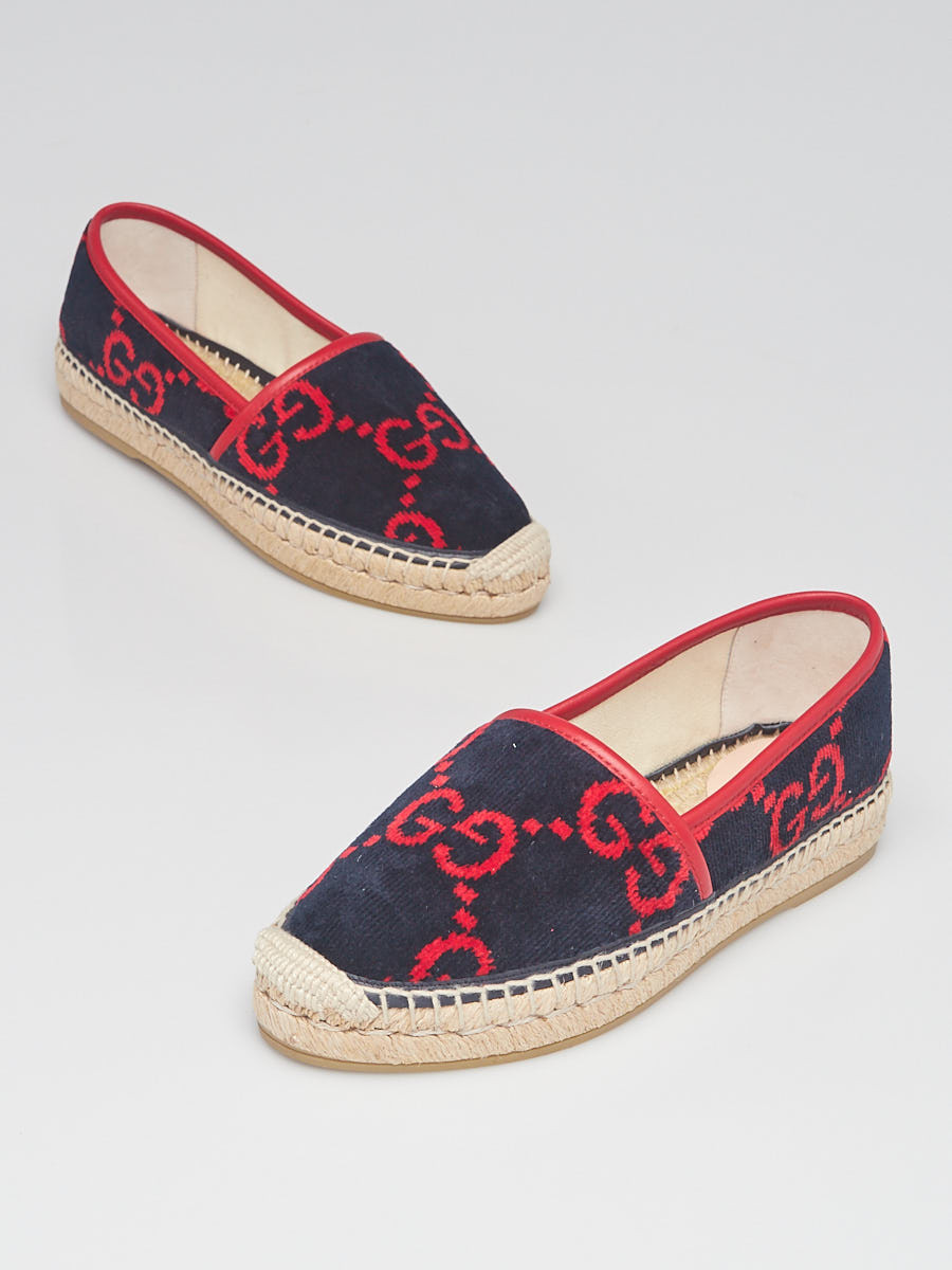 Gucci Blue Red GG Velvet Espadrille Flats Size 7 37.5