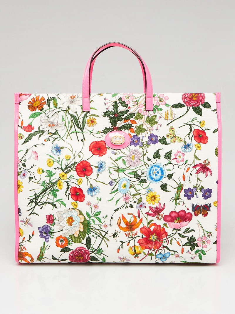 Gucci Pink Leather Multicolor Floral Canvas Large Flora Tote Bag
