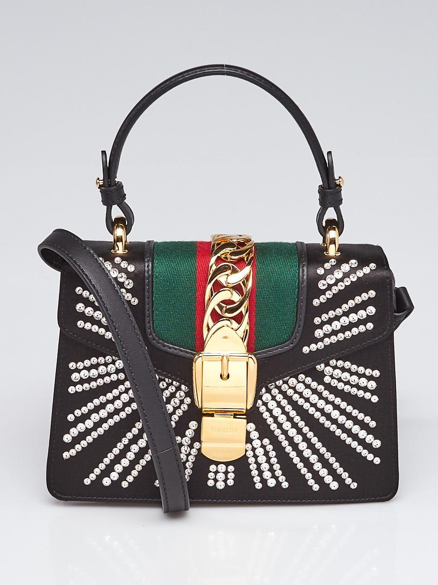 Gucci Black Satin and Crystal Vintage Web Mini Sylvie Top Handle Bag