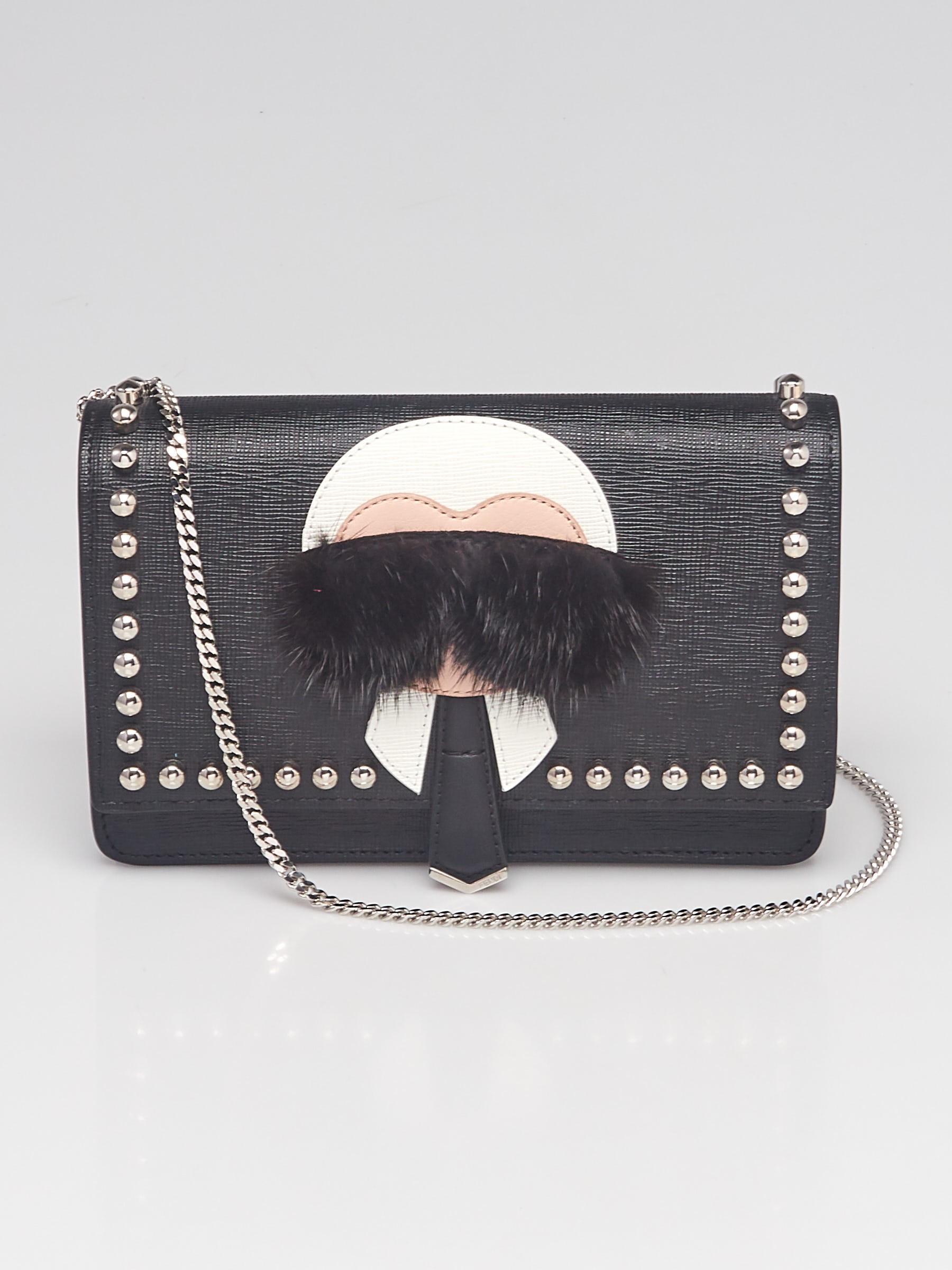 Fendi Black Saffiano Studded Leather Karlito Wallet On Chain Bag - 8MO346