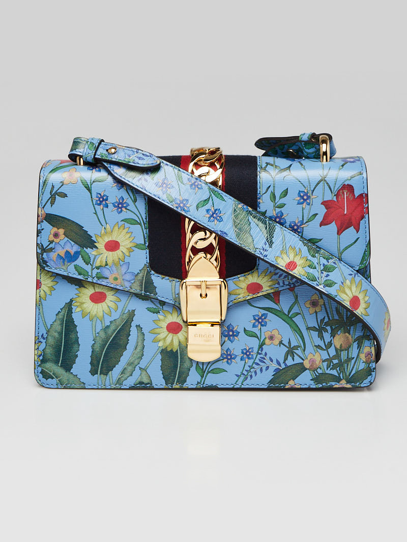 Gucci Blue Leather Floral Print Sylvie Small Shoulder Bag