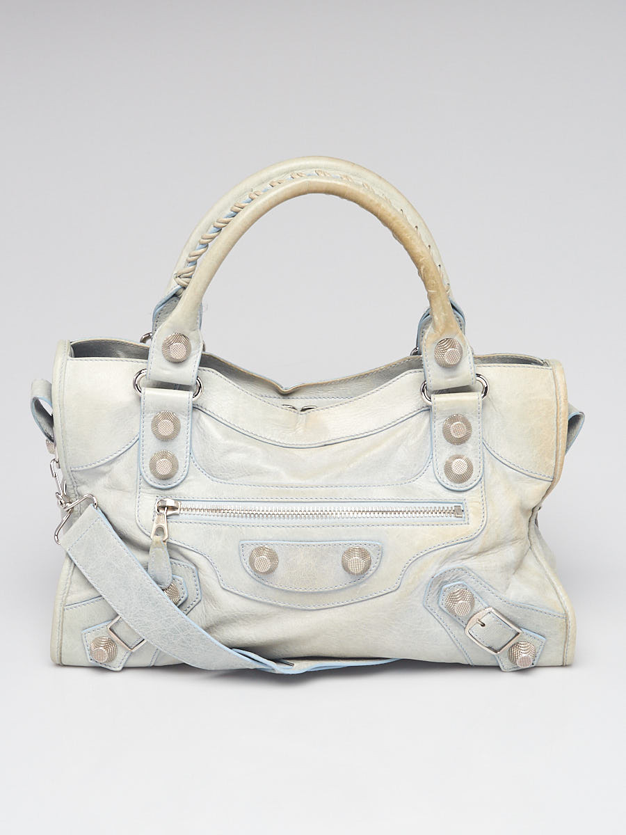 Balenciaga Light Blue Lambskin Leather Giant 21 Silver Motorcycle City Bag