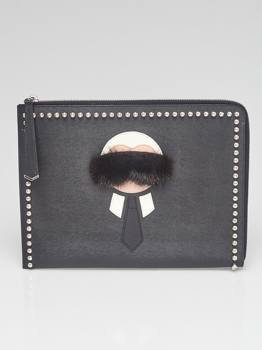 Fendi Black Saffiano Leather Karlito Flat Clutch Bag - 8M0370