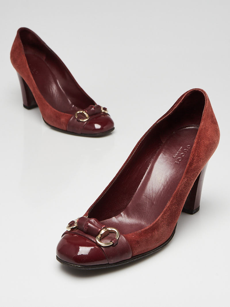Gucci Burgundy Suede Covered Bamboo Horsebit Mid Heel Pumps Size 6 36.5