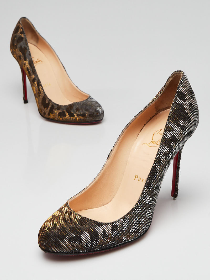 Christian Louboutin Silver Gold Leopard Print Lame Fifi 100 Pumps Size 6 36.5