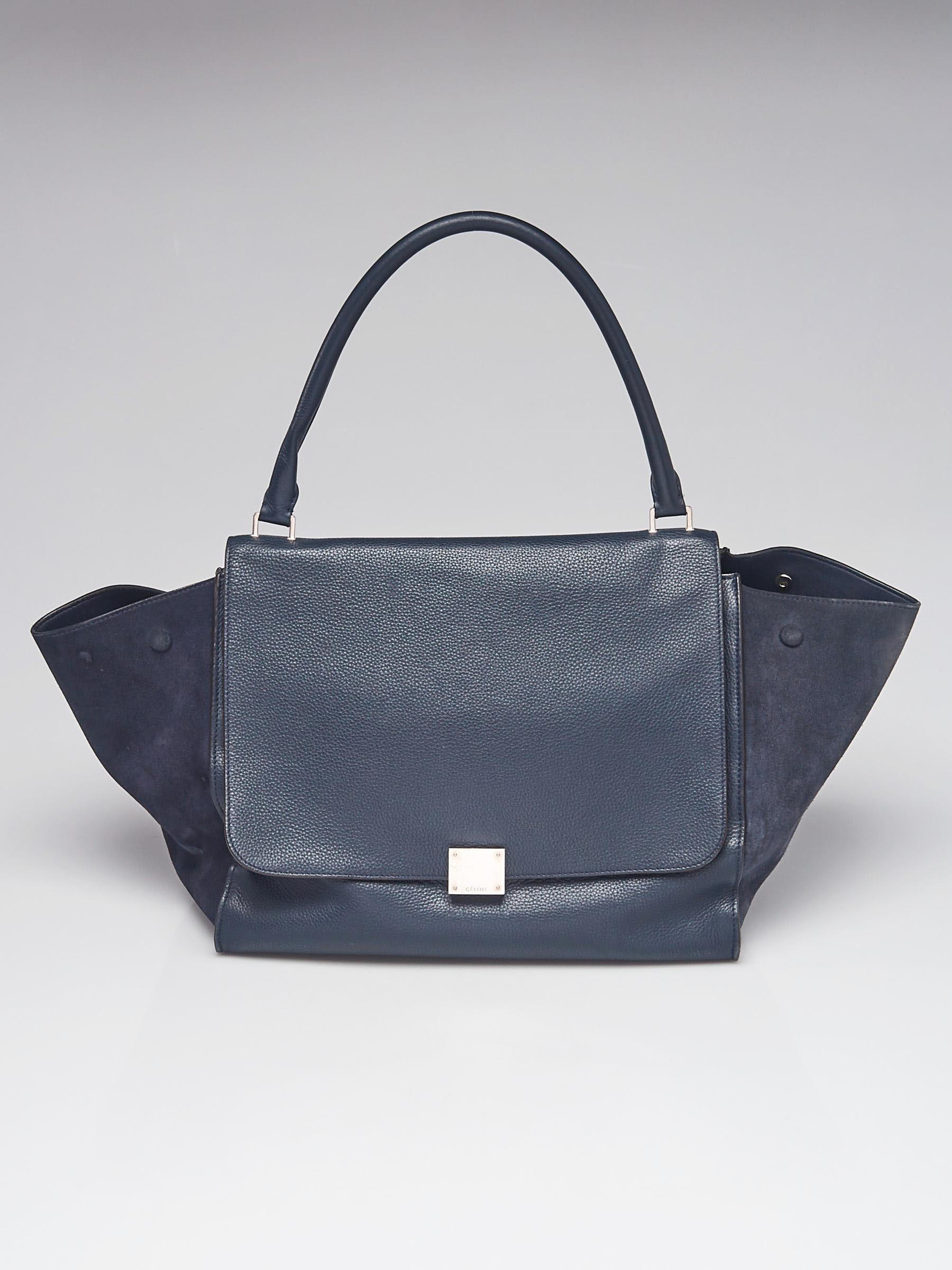 Celine Blue Pebbled Leather Suede Large Trapeze Bag