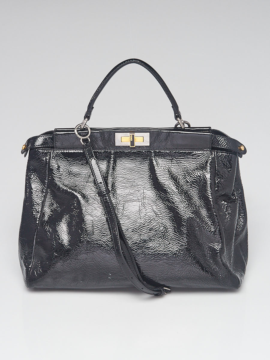 Fendi Black Crinkled Patent Leather Large Peekaboo Satchel Bag - 8BN210