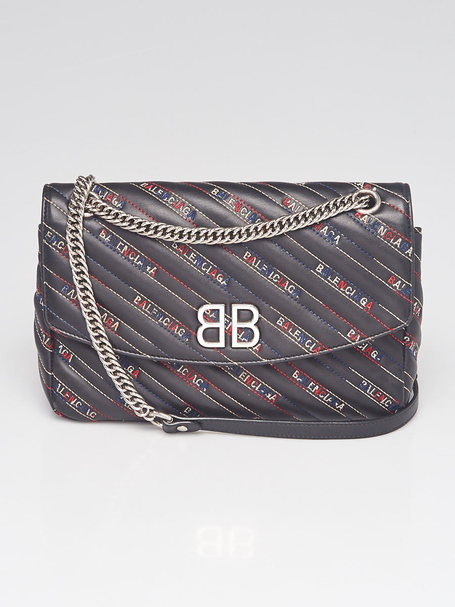 Balenciaga Black Multicolor Embroidered Leather BB Round Medium Bag