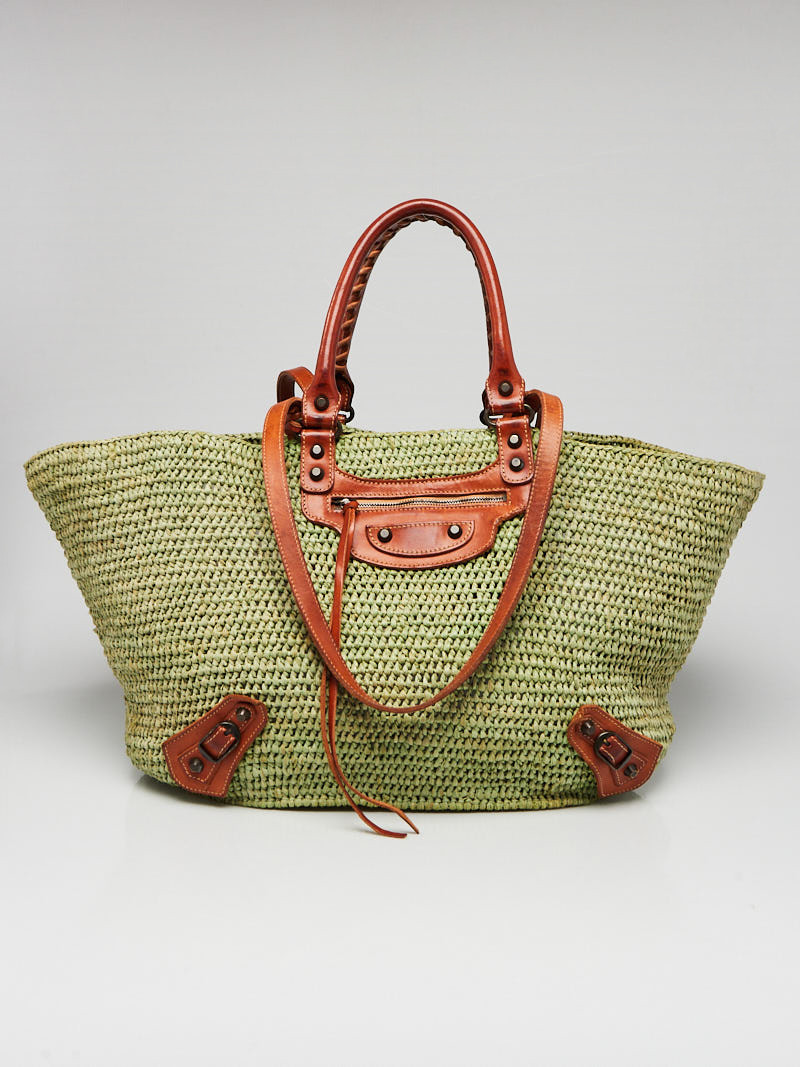 Balenciaga Light Green Woven Raffia Large Tote Bag