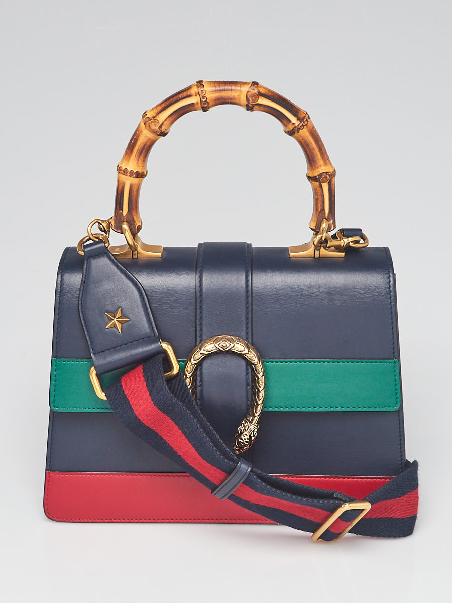 Gucci Blue Green Red Striped Leather Bamboo Top Handle Medium Dionysus Bag
