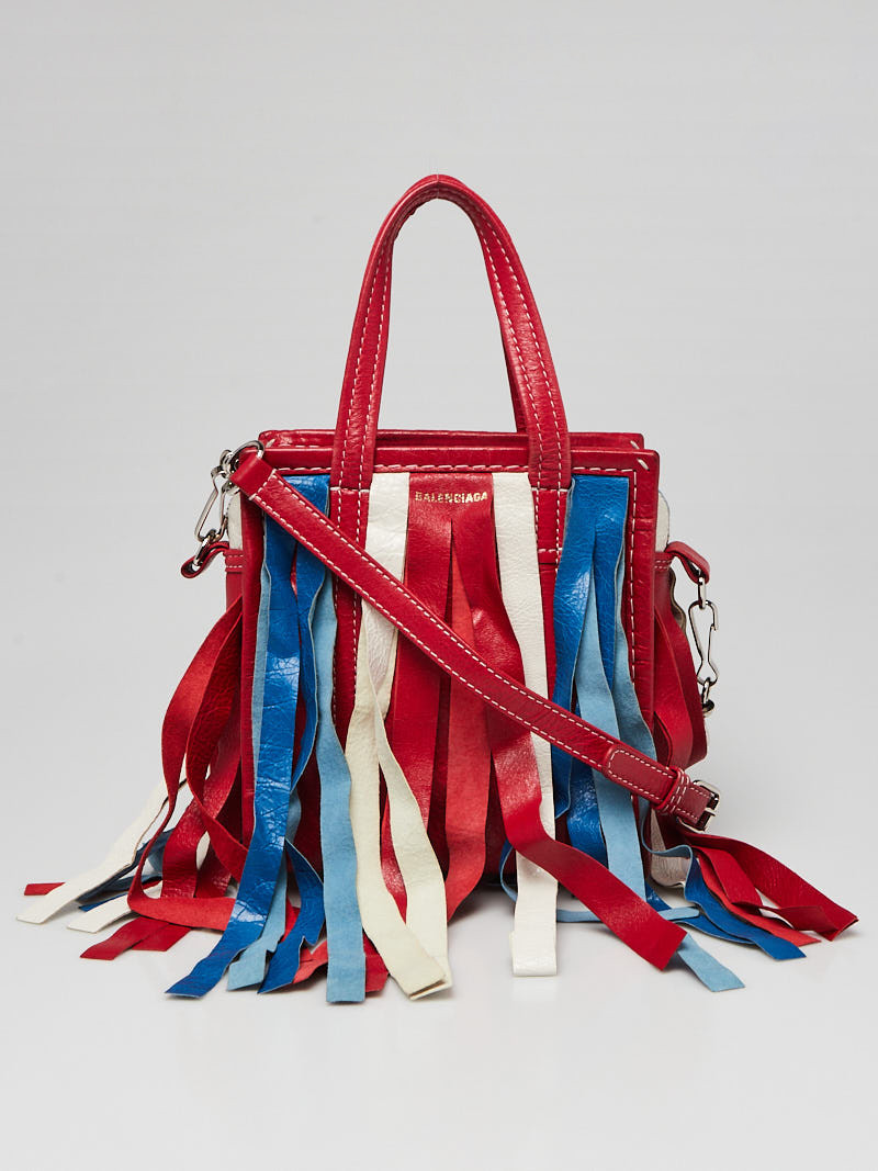 Balenciaga Red White Blue Striped Leather Fringe Bazar XXS Shopper Tote Bag