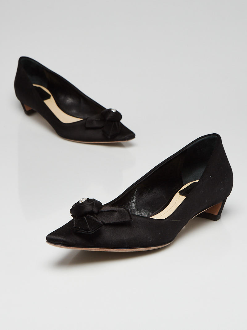 Christian Dior Black Satin Crystal Rose Kitten Heel Pumps Size 4.5 35