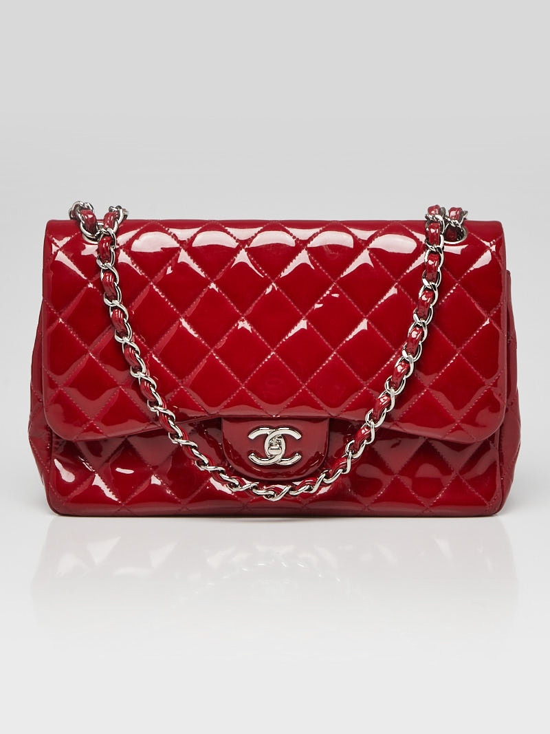 Chanel Red Quilted Patent Leather Classic Jumbo Double Flap Bag