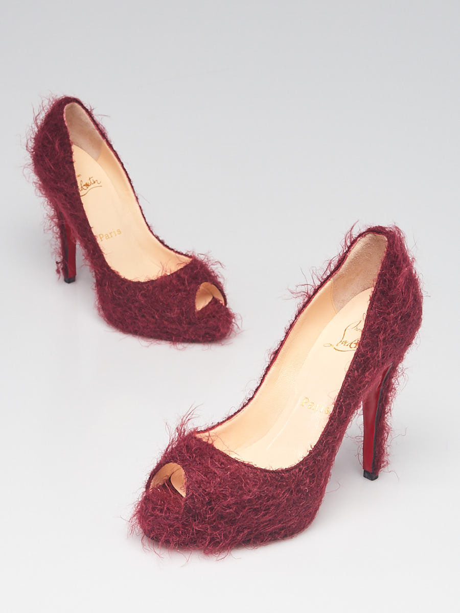 Christian Louboutin Berry Red Mohair Very Prive Peep Toe Pumps Size 5.5 36