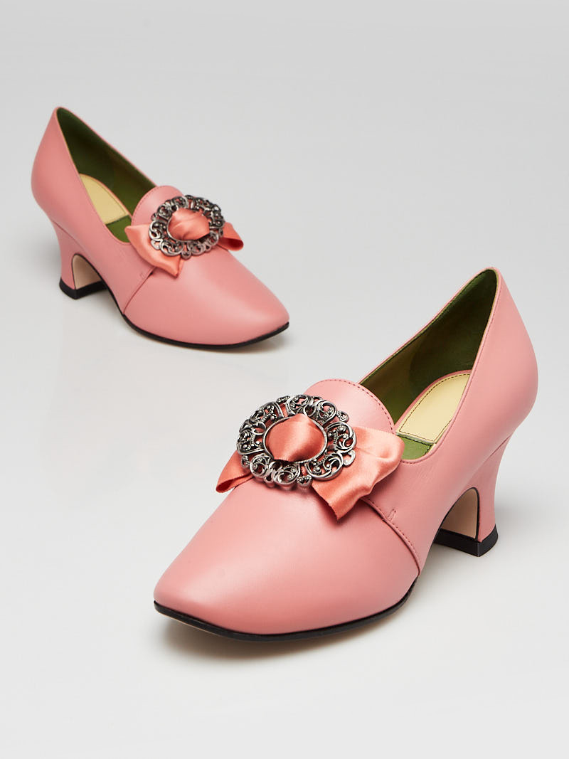 Gucci Bright Peach Leather Satin Bow Mid Heel Pumps Size 4 34.5