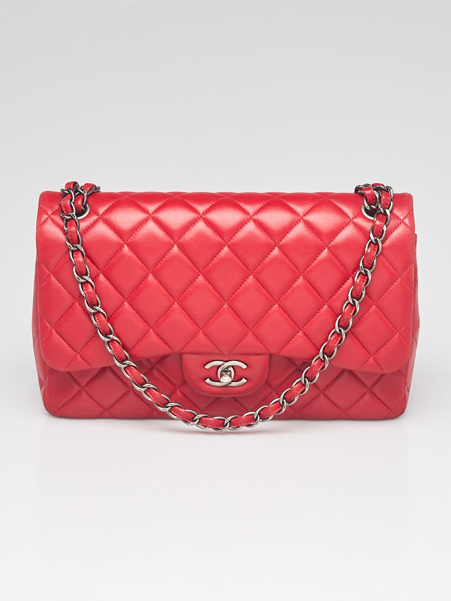 Chanel Red Quilted Lambskin Leather Classic Jumbo Double Flap Bag