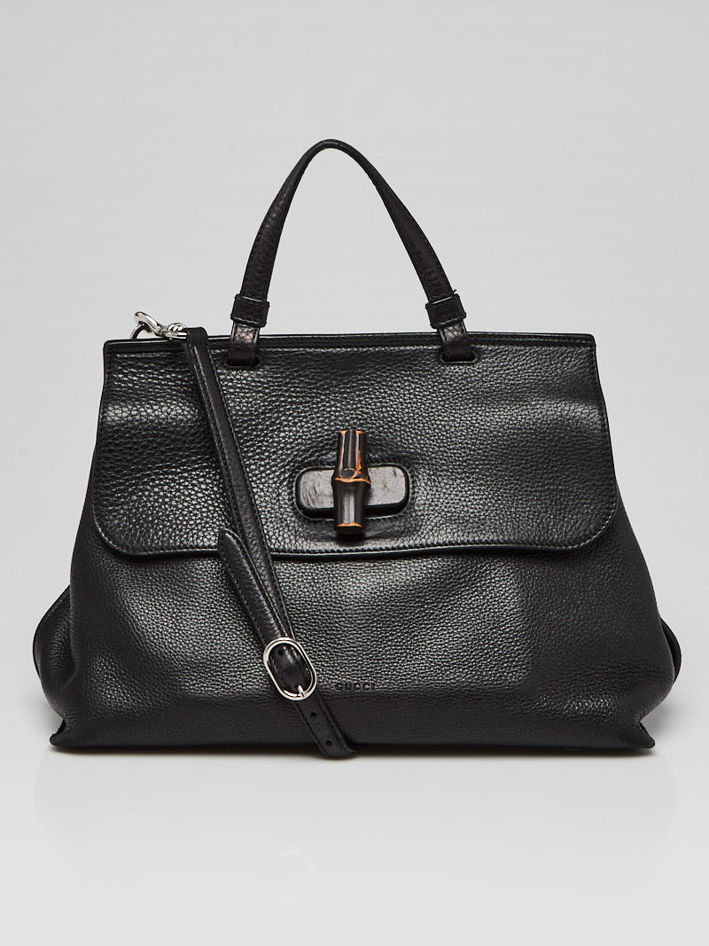 Gucci Black Pebbled Leather Bamboo Daily Top Handle Bag