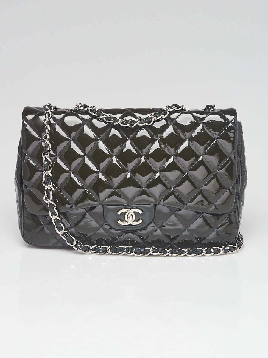 Chanel Dark Blue Quilted Patent Leather Classic Jumbo Single Flap Bag