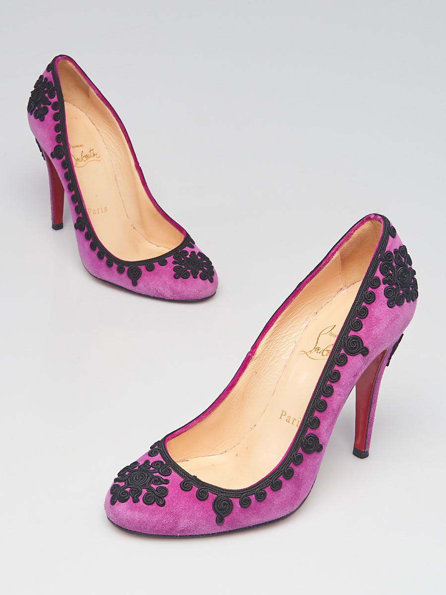 Christian Louboutin Purple Black Suede Embroidered Samira 100 Pumps Size 6.5 37