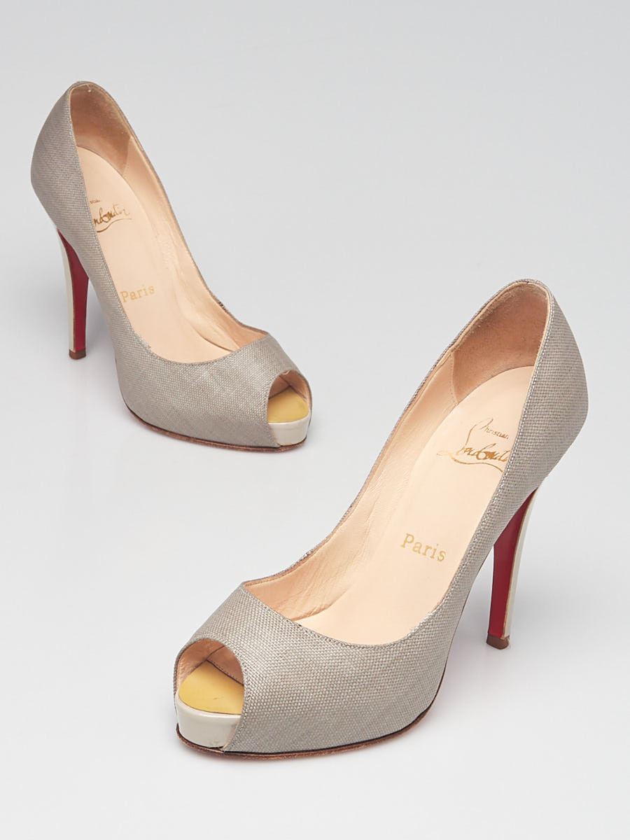 Christian Louboutin Light Grey Coated Canvas Patent Leather Very Prive 120 Pumps Size 5.5 36