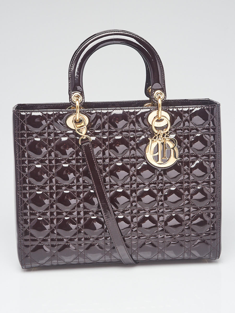 Christian Dior Brown Cannage Quilted Patent Leather Large Lady Dior Bag