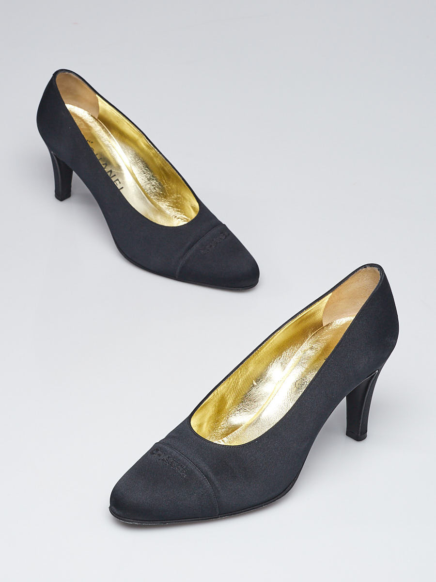 Chanel Black Satin Cap Toe Pumps Size 8.5 39