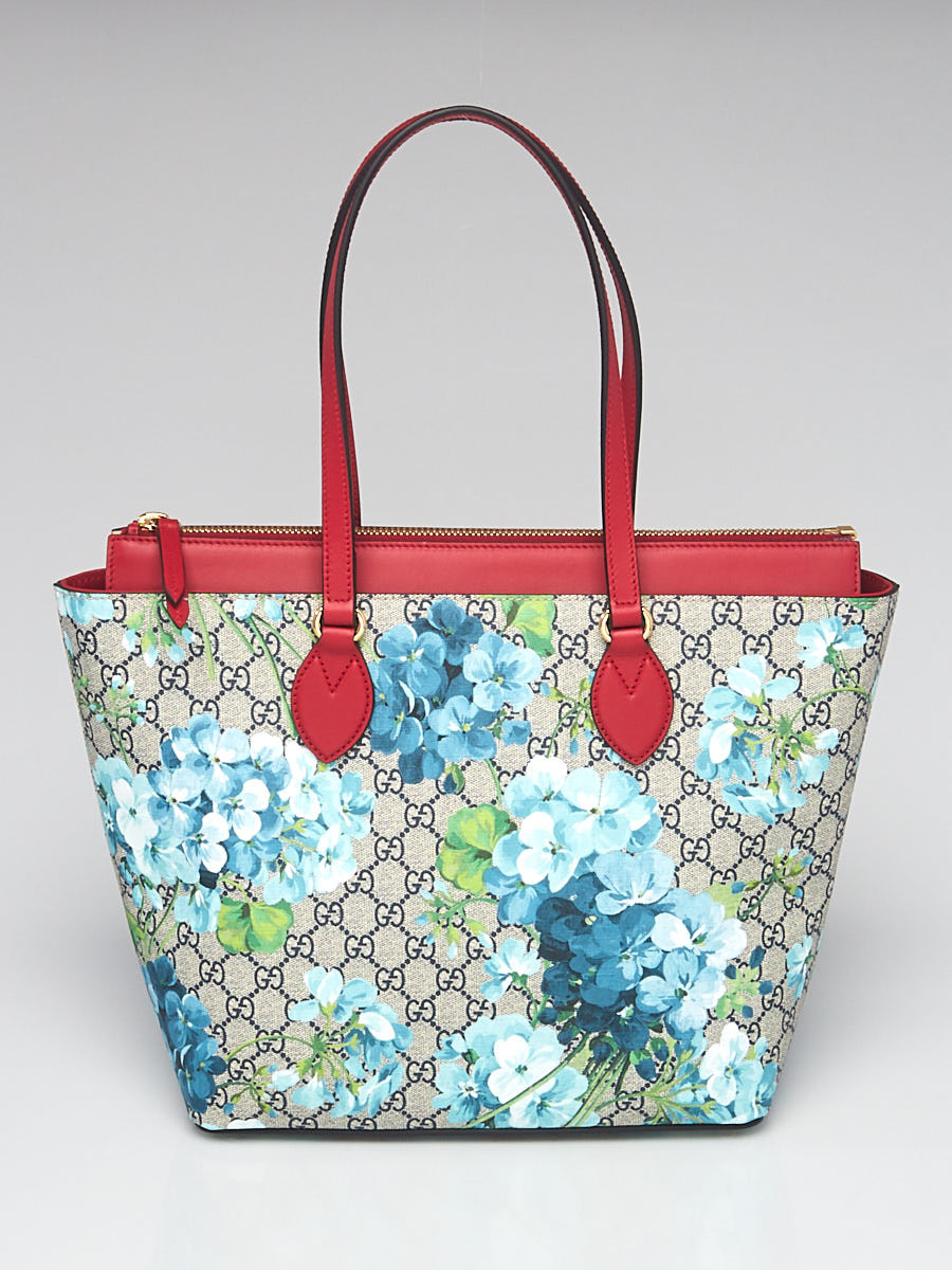 Gucci Beige Blue Red GG Supreme Coated Canvas and Leather Blooms Tote Bag