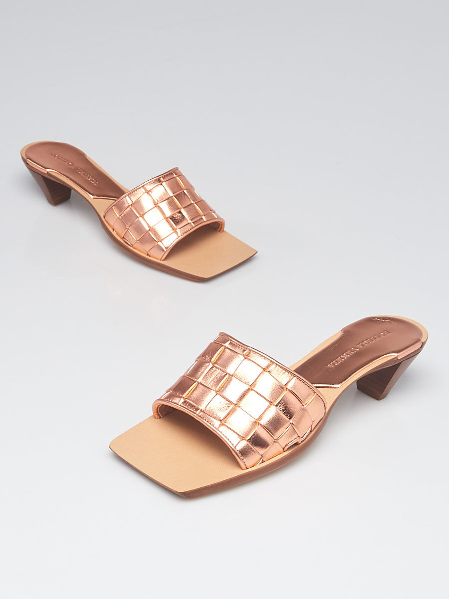 Bottega Veneta Metallic Peach Leather Woven Slide Sandal Size 5.5 36
